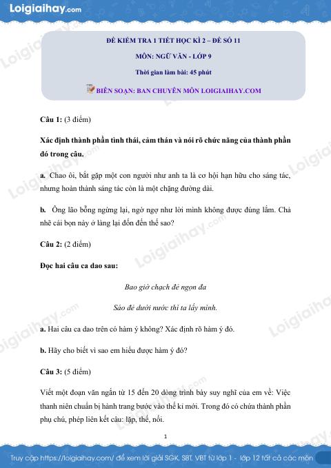 Đề kiểm tra 1 tiết Văn 9 - Đề số 11
